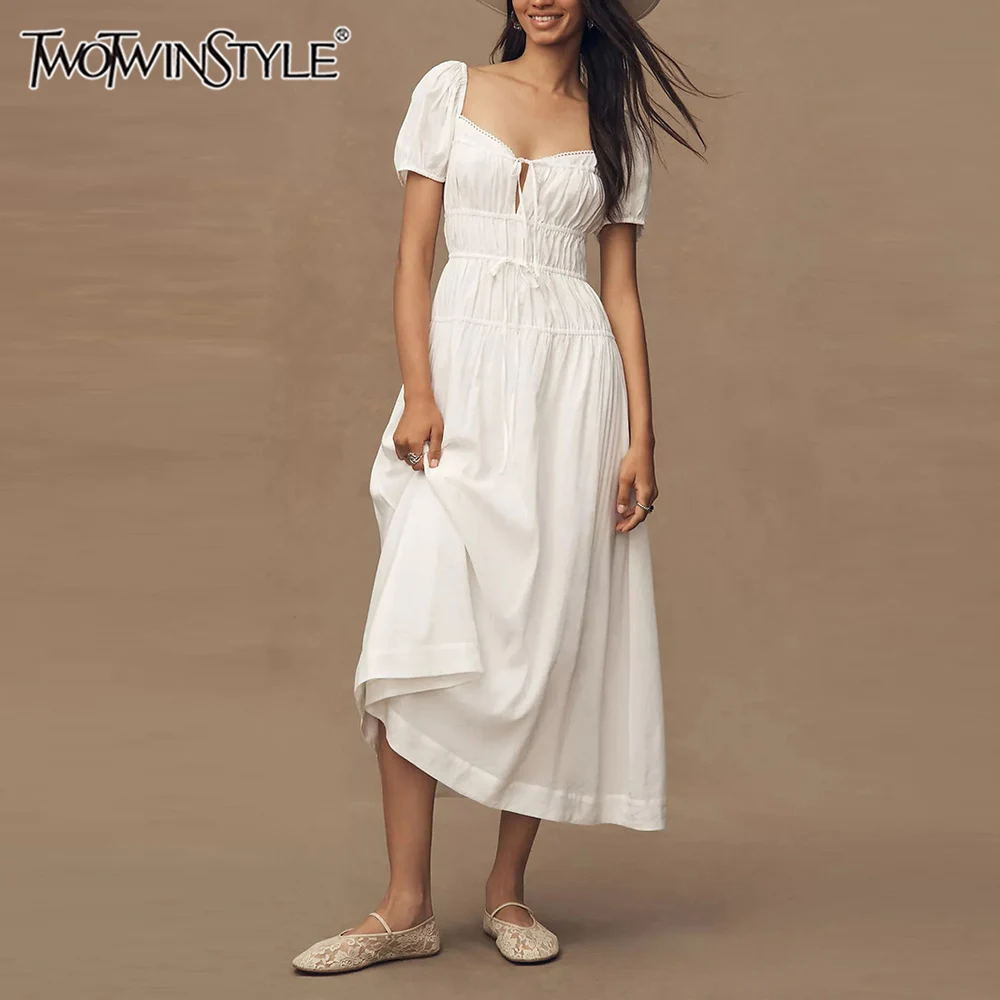 

TWOTWINSTYLE Solid Spliced Lace Up Slimming Dresses for Women Square Neck Short Sleeve High Waist Temperament Dress Female