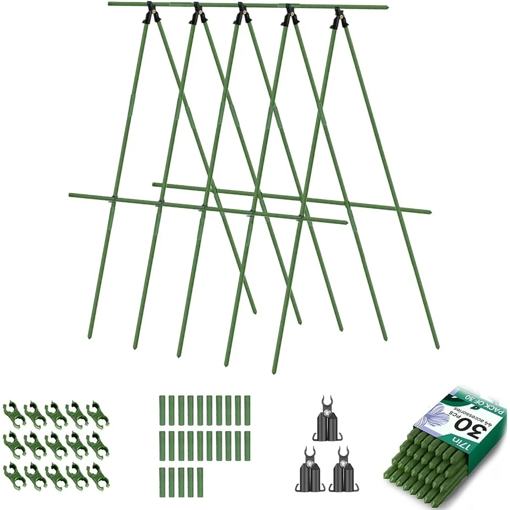 30 Pack 17 Inch Garden Stakes Plant Support with Clips and Connectors Tomato Trellis Modular Design Weather Resistant Grooved