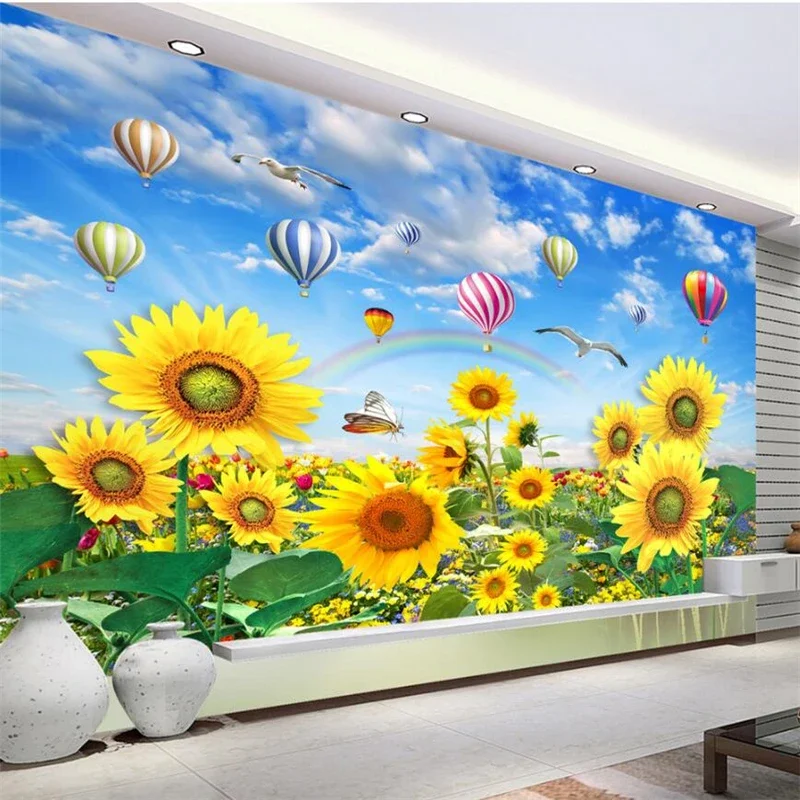 

Custom wallpaper 3D mural Sunflower smile beautiful flowers sea sunlight rainbow TV background wall living room bedroom mural