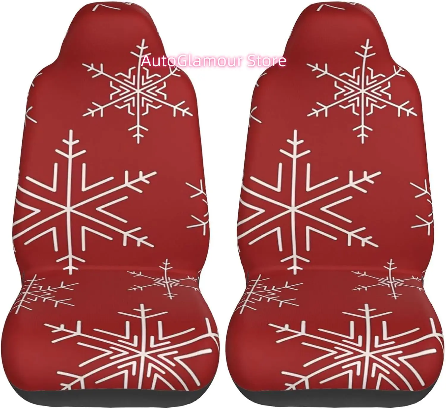 Snowflakes Red 2-Piece   Seat Cover Complete Set - Elastic Seat Protection Cover for Cars, Trucks, Suvs, and Trucks