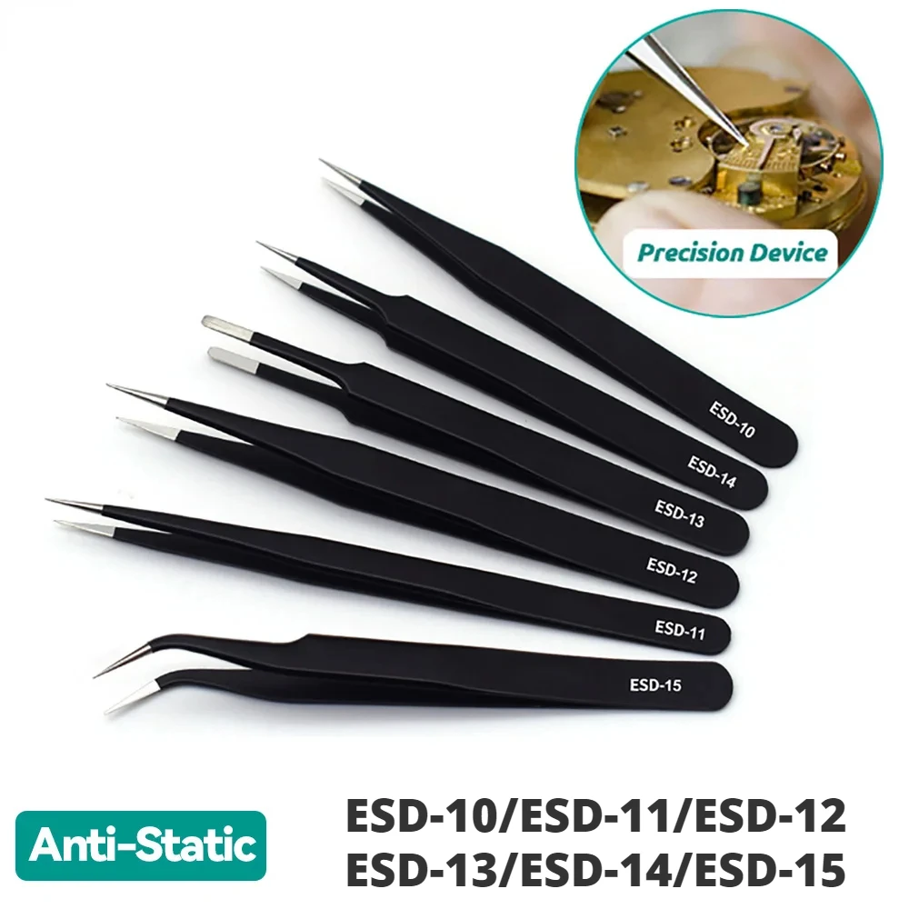 ESD Anti-Static Stainless Steel Tweezers Precision Maintenance Industrial Repair Curved Tool Home Working Model Making Hand Tool