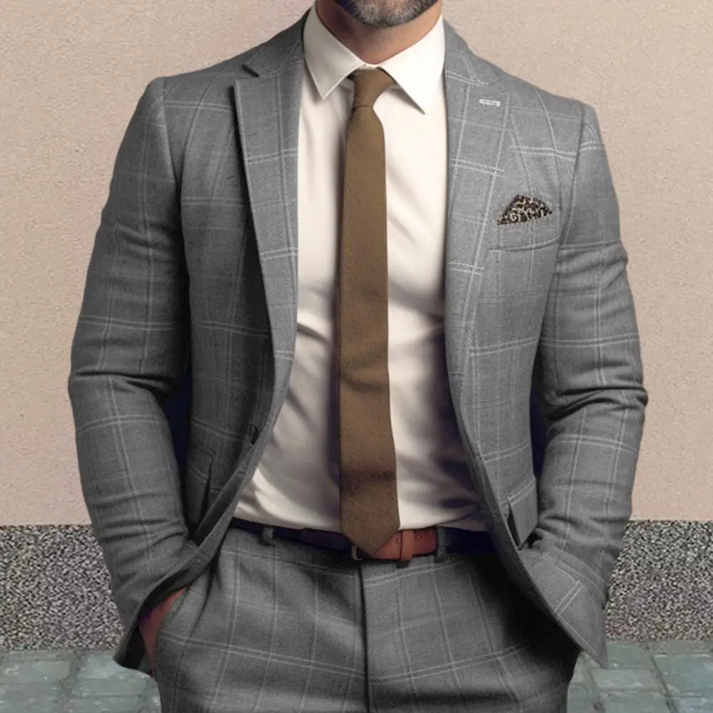 Men Suit Coat Formal Business Style Plaid Print Long Sleeve Single Button Closure Mid Length Straight Cardigan Work Office Coat