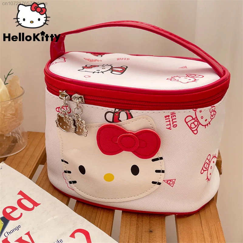 Sanrio-Bolsa de maquillaje de Hello Kitty para mujer, bolso de piel impermeable con dibujos animados, de gran capacidad, portátil, de almacenamiento, 2000s