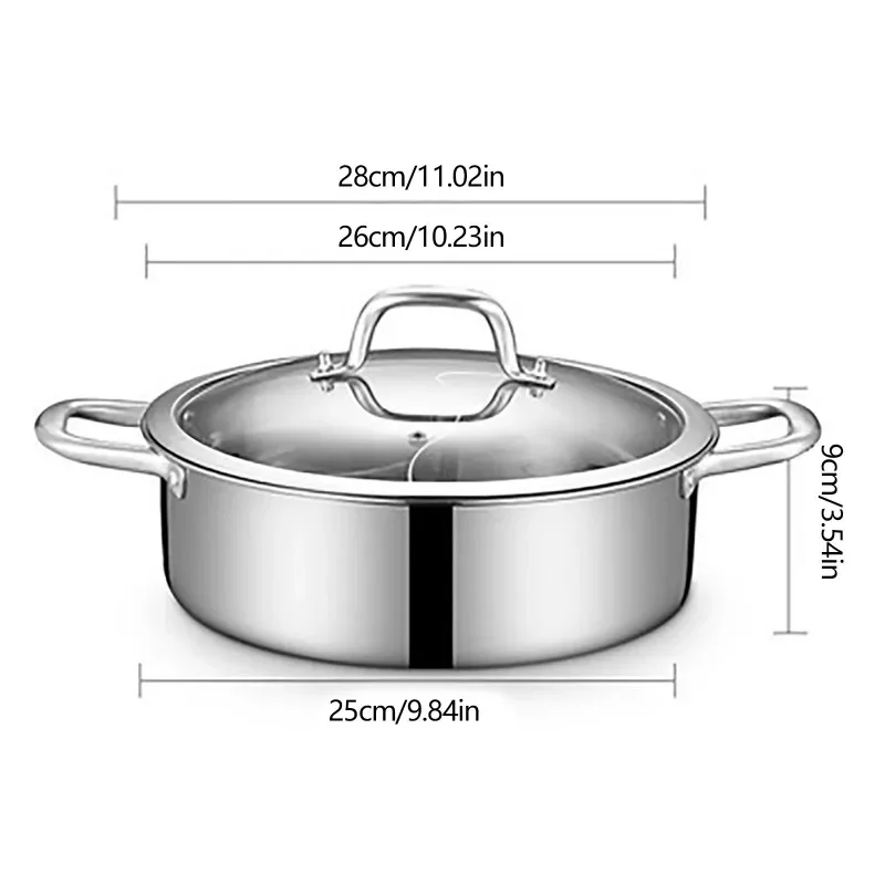 304 Food Grade Stainless Steel Shabu Shabu Hot pot with Divider&Lid with 2 Soup Ladles for Dual Sided Soup Cookware