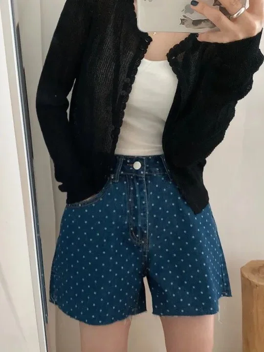 

Chic Retro Polka Dot Frayed Hem ort Pants Women's Summer New Casual High Waist Denim Pants Unique Design Sensation