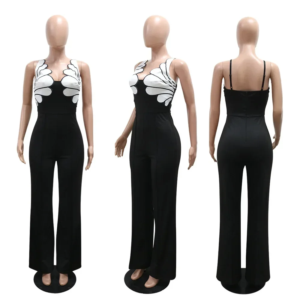 BWQ Women V-Neck Backless Wide Leg Straight Sleeveless Jumpsuits 2025 Spring Patchwork Sexy One Piece Set Streetwear Outfits