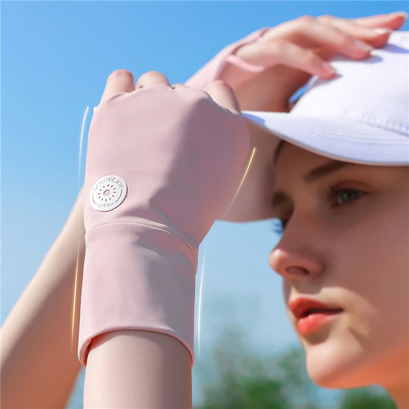 Alf Sunscreen Gloves Ice Sense UV Protection Summer Outdoor Half Finger Ice Silk Gloves Women's Extended Wrist Guard