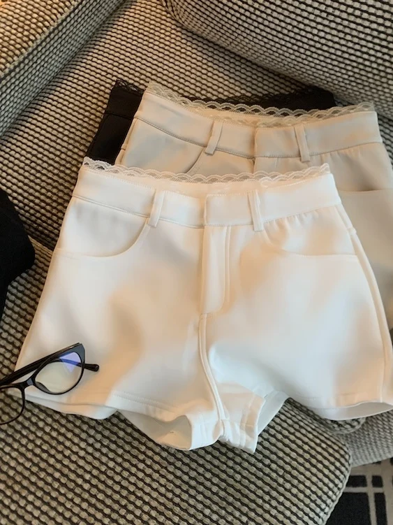 

Брюки с высокой талией и белой кружевной отделкой, женская повседневная верхняя одежда, осенне-зимние утягивающие брюки с широкими штанинами, прямые брюки