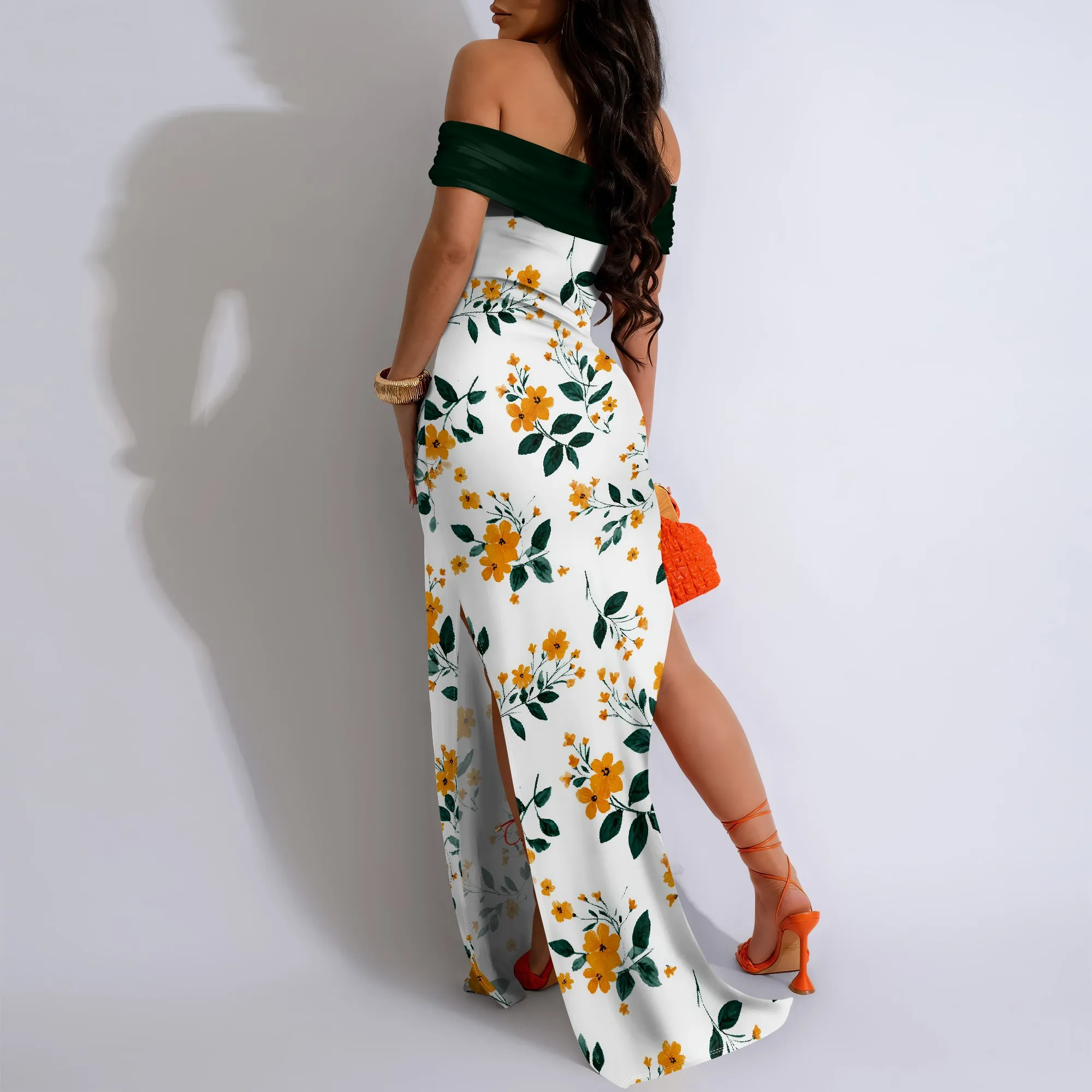Women's Summer Maxi Bodycon Dresses Strapless Tube Top Slit Floral Printed Party Club Long Dress