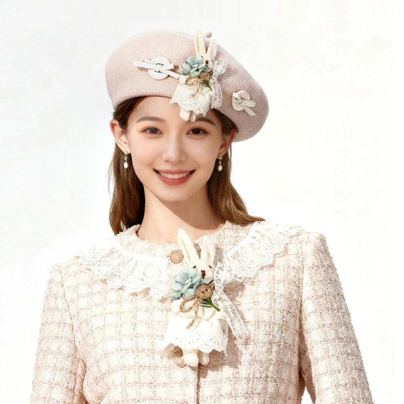2026 جديد قبعات البيريه الإناث لطيف أرنب عروسة كارتون هدية الصوف برعم قبعة المرأة الفاخرة الخريف والشتاء نوعية جيدة قبعة أنيقة على الموضة #1