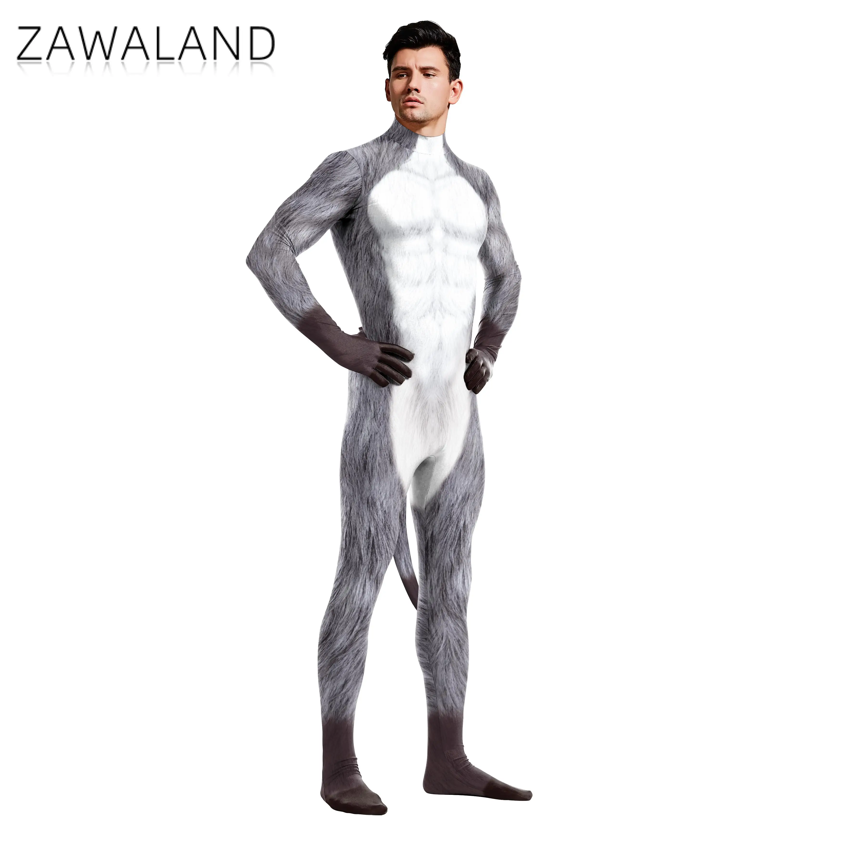 Zawaland Paar Kostuums Bodysuit 3d Print Wolf Met Staart Cosplay Catsuit Jumpsuit Dierenkleding Volwassen Vrouwen Outfits Zentai