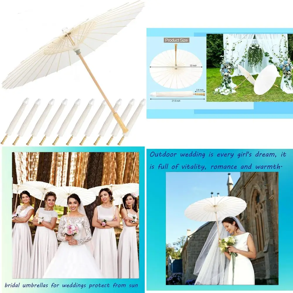 

Chinese Japanese Style White Paper Umbrellas with Wooden Handles for Wedding Decor, Handcrafted Artisanal Parasols