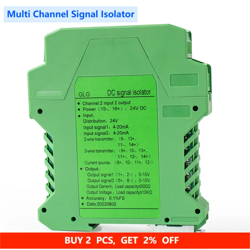 DC Analog Signal Isolator 4-20mA to 0-10V Analog Signal Isolator 1 In 2 Out 24VDC 0-10V to 4-20mA Signal Converter Isolator