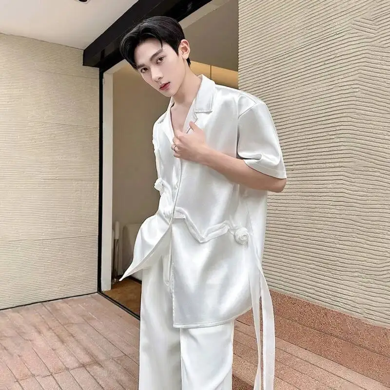 LUZHEN Shirts 2026 Solid Color High Quality Satin Short Sleeve Men's Luxury Elegant Ribbon Tassel Three-dimensional Tops JY8027