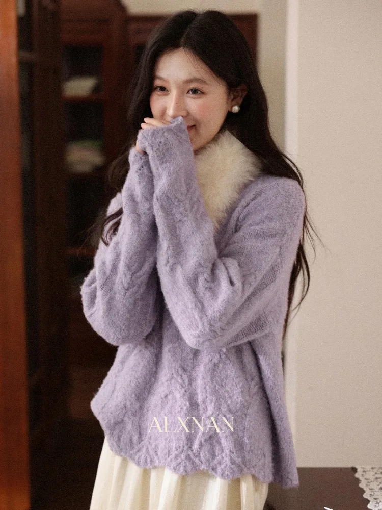 ALXNAN حجم كبير سترة الأرجواني الخريف الشتاء الدافئة فضفاضة تناسب كم طويل البلوز عادية ثلاثية الأبعاد الدانتيل مطرز المرأة لاعبا D00648