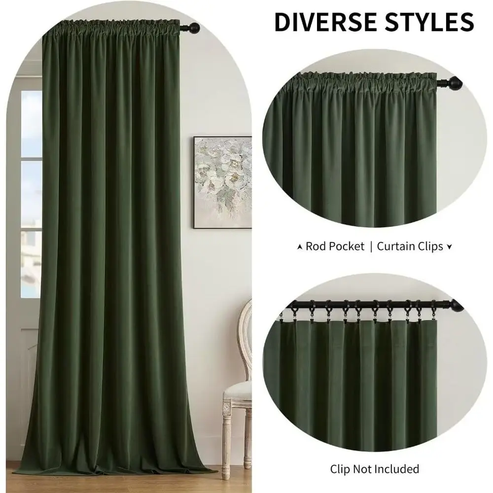 럭셔리 다크 올리브 벨벳 커튼, 120 길이, 암막 단열 패널, 거실/침실용 부드러운 암막 커튼