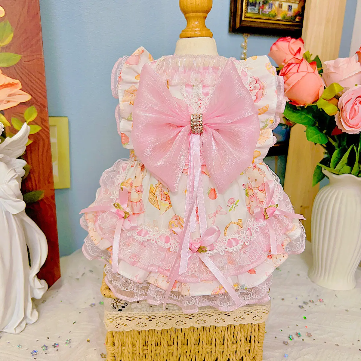 Ropa Original Rosa Lolita para Perros, Vestido de Princesa de Lujo Hecho a Mano con Estampado Lindo y Lazo Grande para Perros Pequeños y Medianos, Faldas para Cachorros