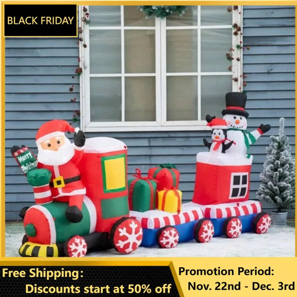 

Santa Claus, Snowman and Penguin carry gift boxes on train inflatables, putting together a cohesive Christmas display LED lights