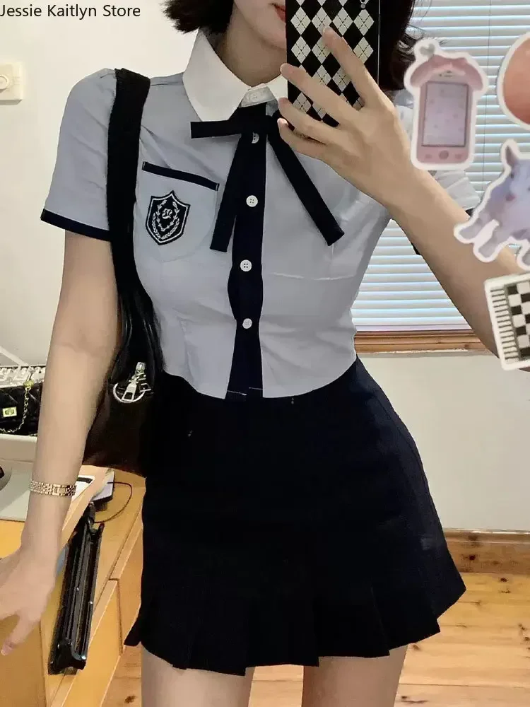 Conjunto de uniforme escolar japonês JK estudante, doce kawaii, vintage, meninas bonitas, camisa azul marinho, mini saia plissada, verão