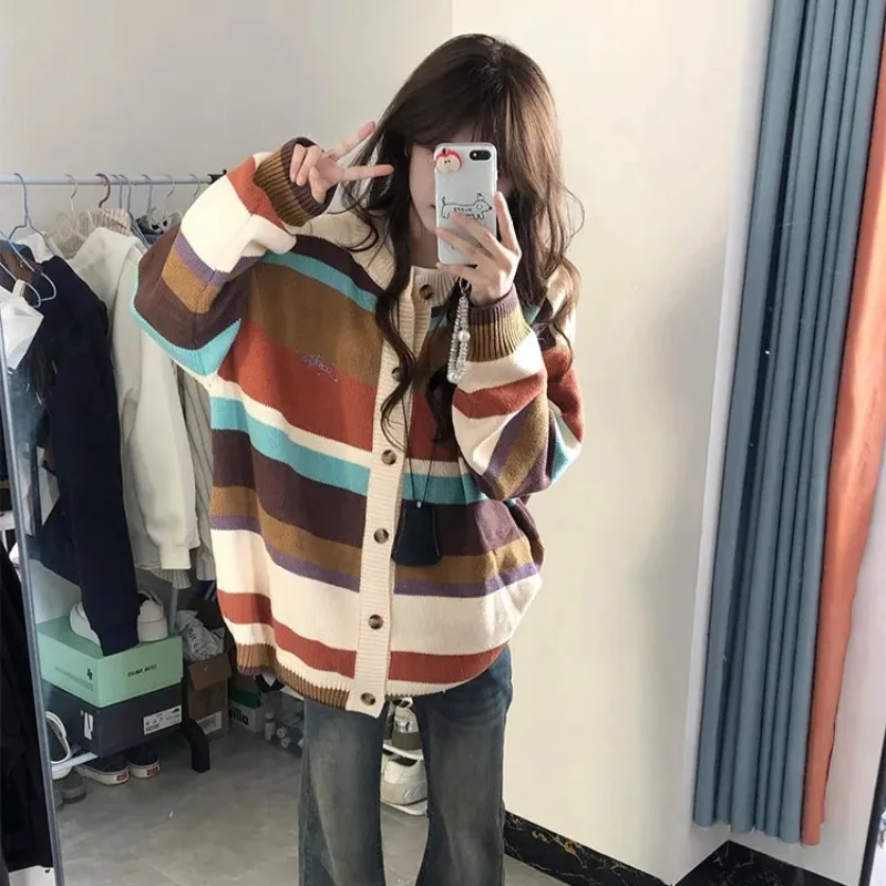 여성용 스트라이프 패널 자수 가디건, 싱글 브레스트, 헐렁한 부드러운 올 매치 프레피 패션 대학, 가을 시크, 한국 스타일
