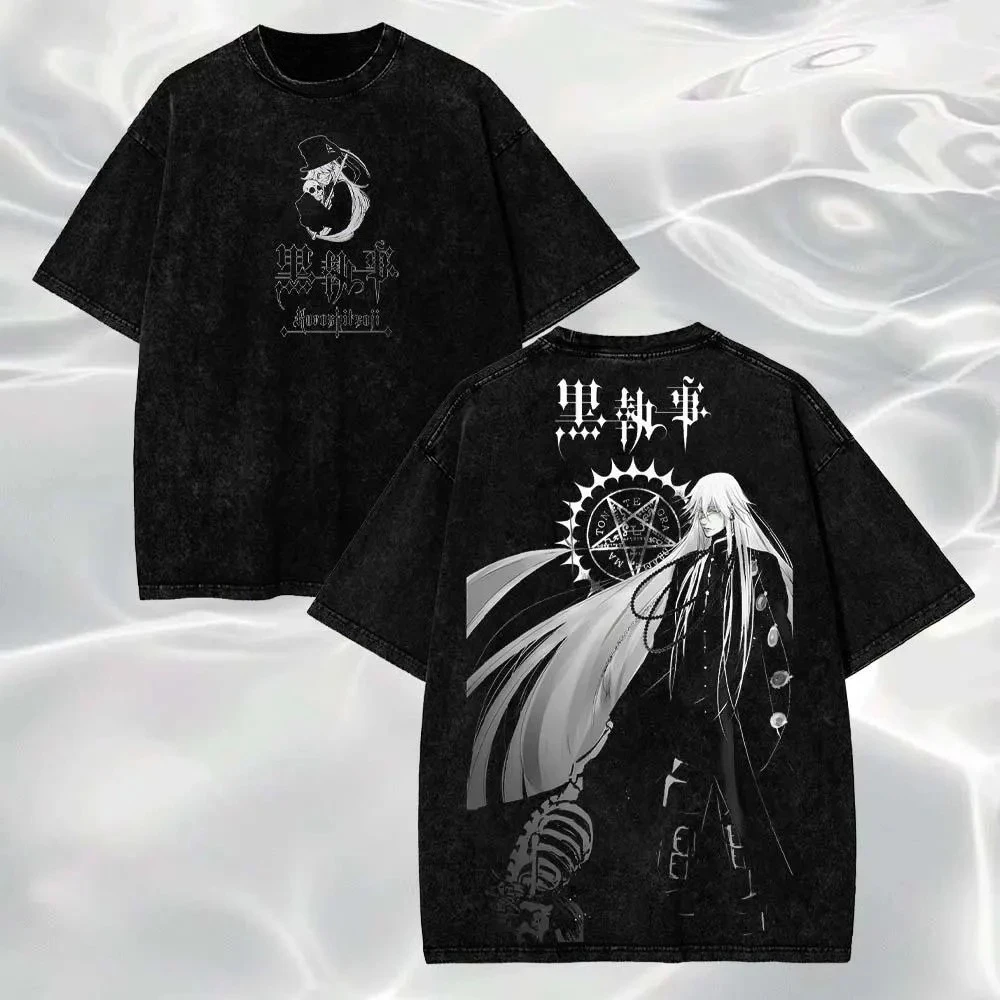 Black Butler Undertaker T-shirt Vintage Washed Dark Anime Graphic Unisex Oversized Crew Neck Cotton Short Sleeve Tee Tops Hot