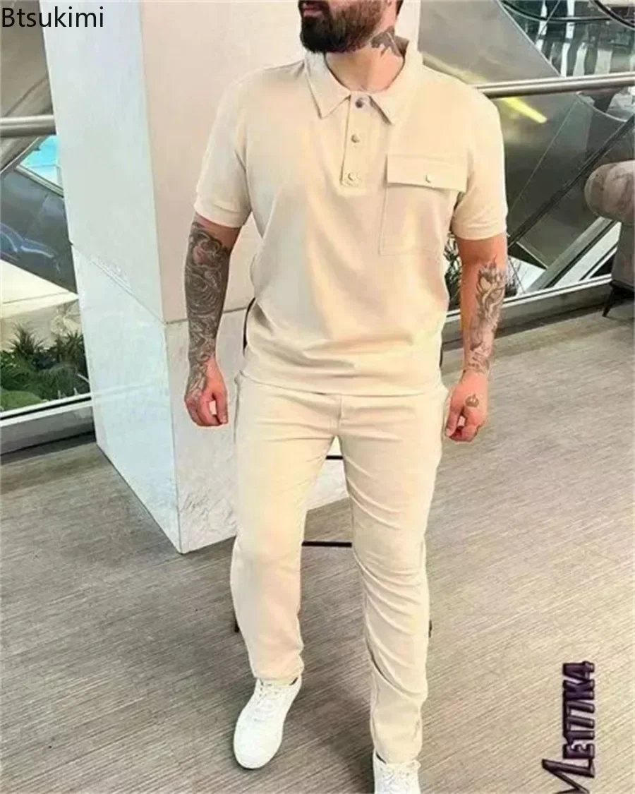 2026 Men's Casual Sport Sets 2PCS Short Sleeve Polo T-Shirts+Pants Suits Sets Solid Spring Autumn Two-piece Tracksuit Men's Sets