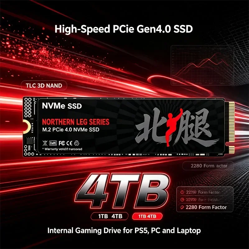 M.2 NVMe SSD PCIe Gen4.0 X4 TLC 3D NAND 1TB 4TB 2280 Internal Gaming Solid State Drive for PS5 PC Laptop