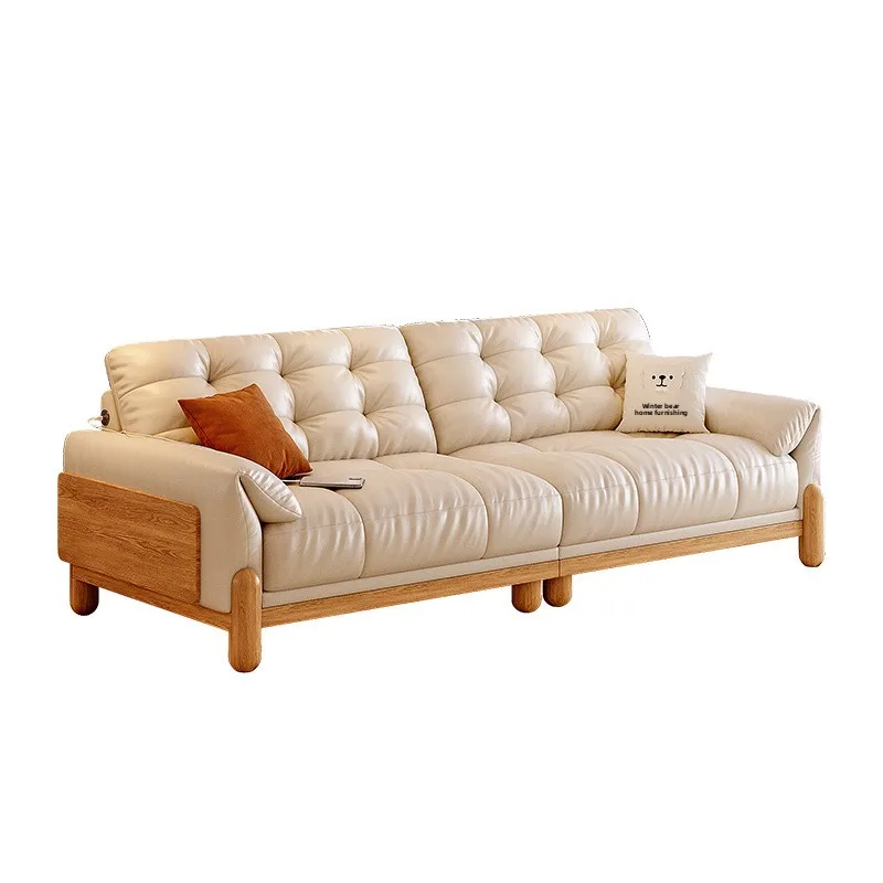 Sofá Individual de Cuero Estilo Japonés de Madera Maciza Tong Yute con Interfaz USB, Asiento Profundo y Relleno de Esponja de Látex para Sala de Estar