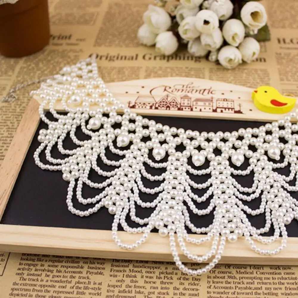 Women Ribbons Wedding Bride Dress Detachable Collar Pearl Fake Collar Pearl Beaded Lace Trim Collar