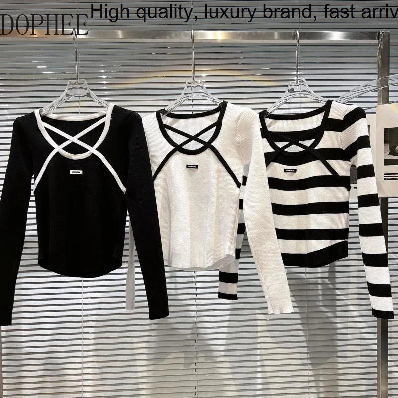 

New Autumn 2023 Fashion Streetwear Top Hot Girl Cross Chest Straps Slim Short Knitted Shirt Long-sleeved Striped T-shirt Casual