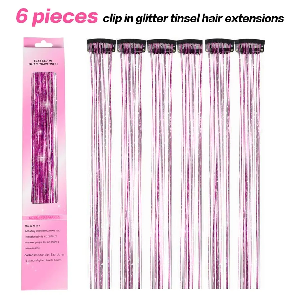 6 Piezas Tinsel para Cabello con Clip 20 Pulgadas Sintético Colorido Brillante con Purpurina para Mujeres Niñas Cosplay 2