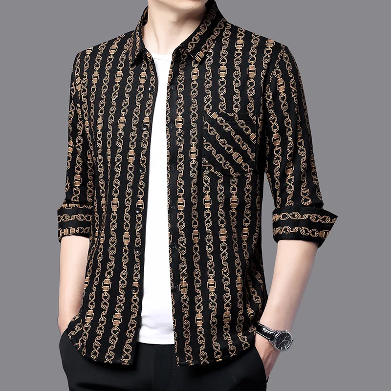 Spring and Autumn Men's Polo Collar Single Breasted Geometric Printed Button Long Sleeve T-shirt Cardigan Shirt Casual Tops