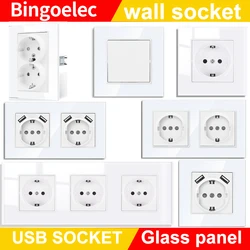 Bingoelec EU Standard USB Socket Double Outlet,16A Glass Panel  AC 110~250V 118mm * 86mm ,Double Frame Wall USB Power Outlet