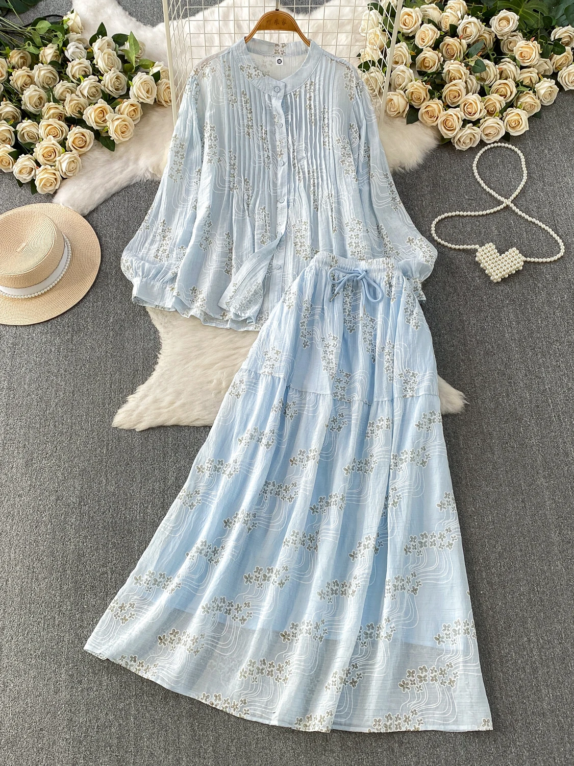 

Elegant Korean Style Embroidered Long Sleeve Shirt And High Waist Skirt Two Piece Set Women's Clothing Breathable Comfortable