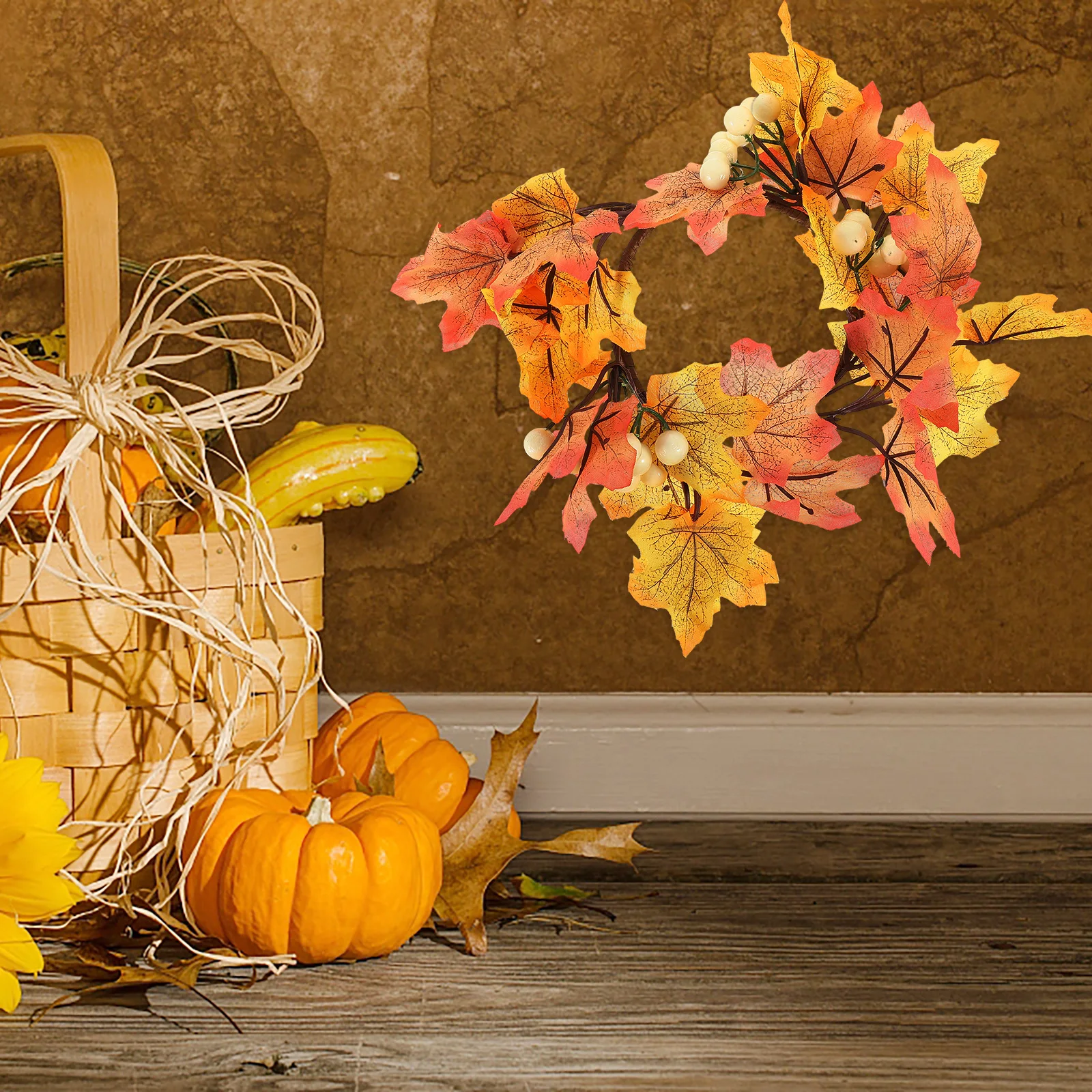 

25CM Autumn Maple Leaf Wreath Paper Garland Decor Fall Harvest Rustic Wall Decor Door Thanksgiving Rings