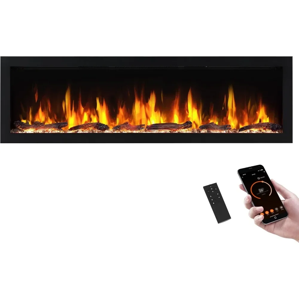 60 Inch Smart Linear Electric Fireplace - Clean Hidden Vent Design, Flame with 9 Colors, Recessed in-Wall or Wall-Mount