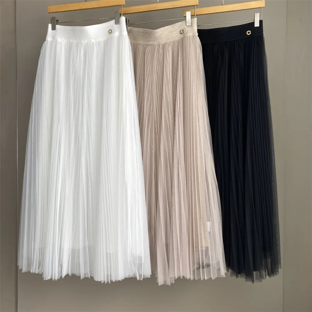 

25 Autumn/Winter New Women's Wool Knitted Splicing Mesh pleated Puffy Skirt