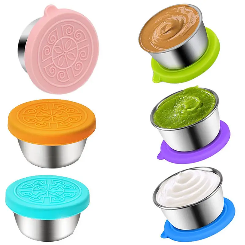 Salad Dressing Container With 1.6oz/45ml Reusable Stainless Steel Cup And Leakproof Silicone Stretch Lid For Picnic Food Storage