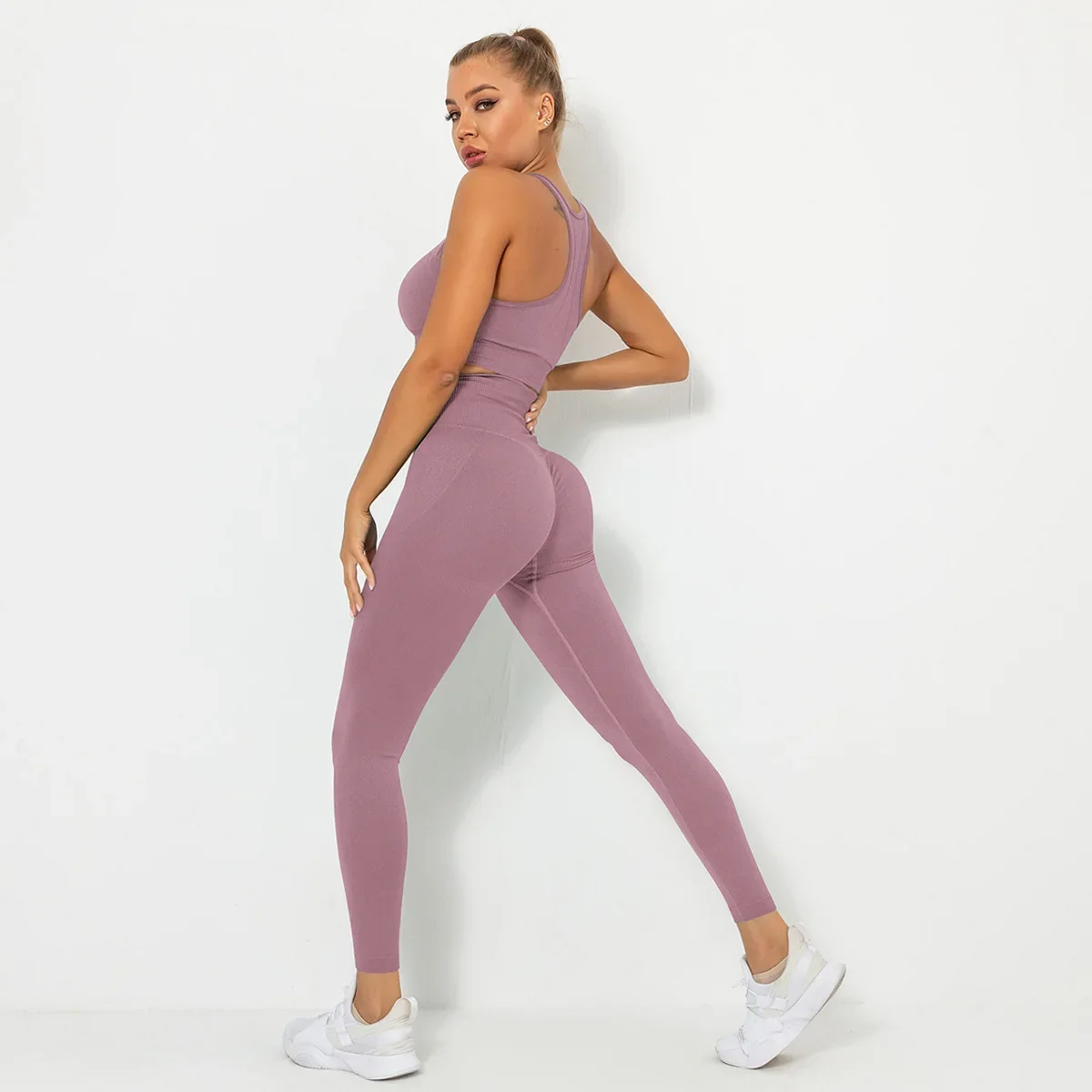 

Solid color hip peach hip tight sports bra yoga suit running fitness pants two-piece suit