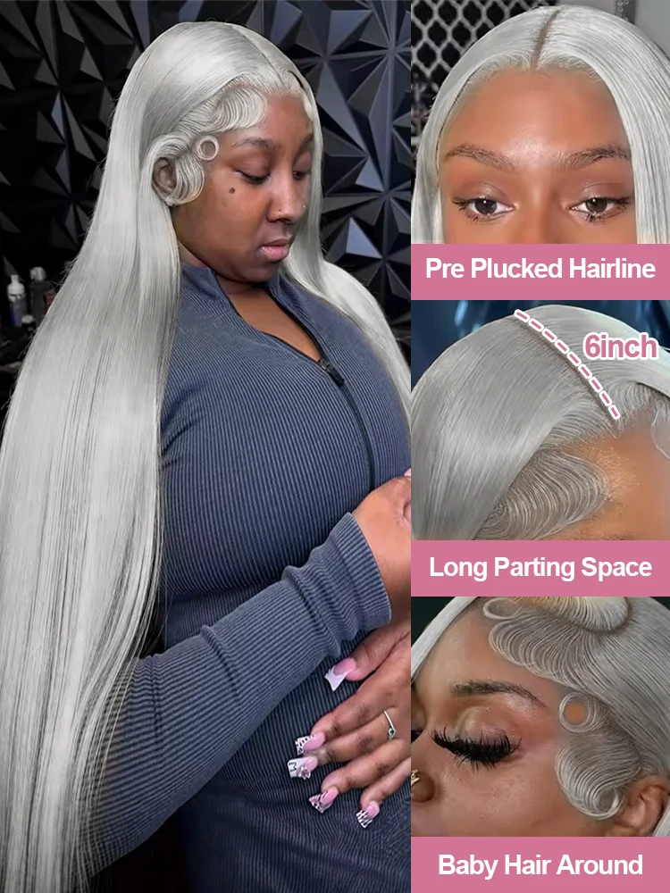 250 Density 13x6 Silver Grey Straight HD Lace Frontal Wigs Human Hair 613 Colored Lace Front Wig Brazilian For Women Pre Plucked image 2
