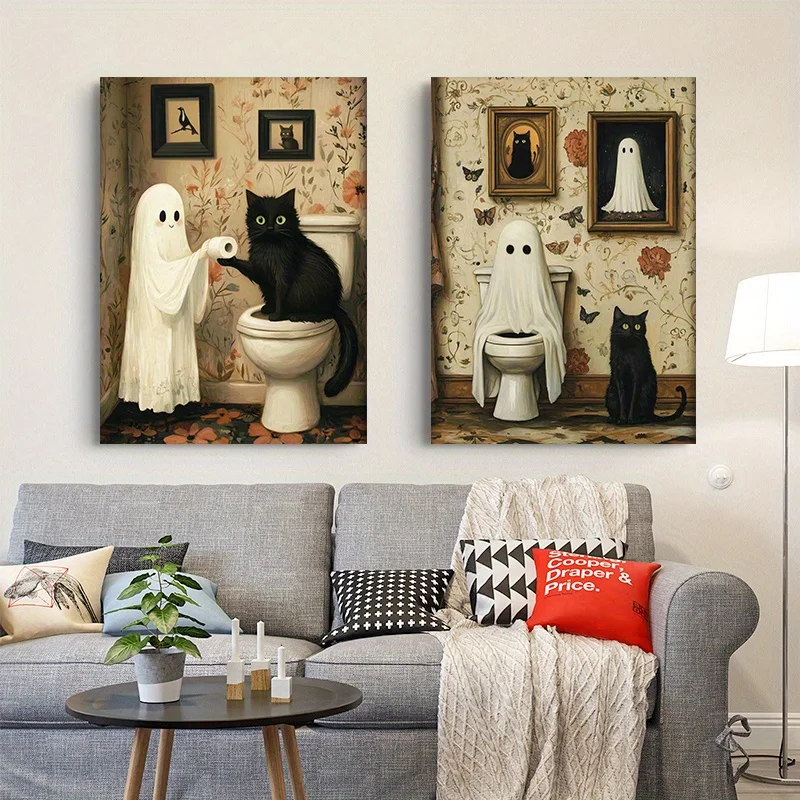 2pcs Frameless,2D Flat2pcs/set Halloween Bathroom Wall Art - Spooky Ghosts & Black Cat Toilet Scene Canvas Prints Unframed Moder