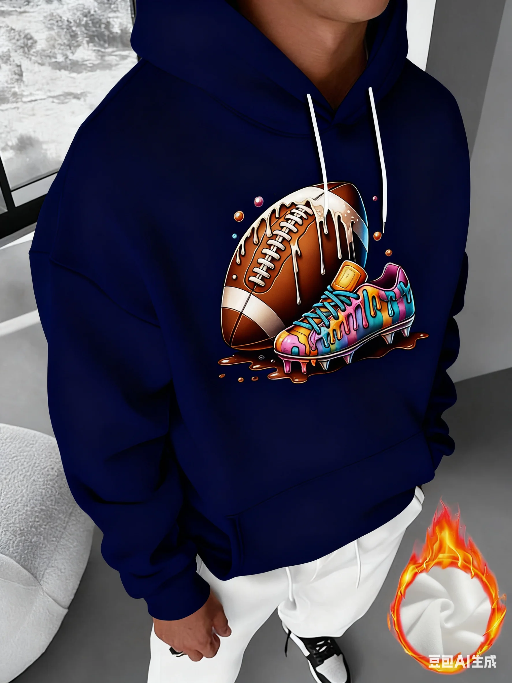 2025 Sudadera con capucha deportiva con gráfico de fútbol para hombre con zapatilla y diseño de goteo de chocolate - Jersey de manga larga