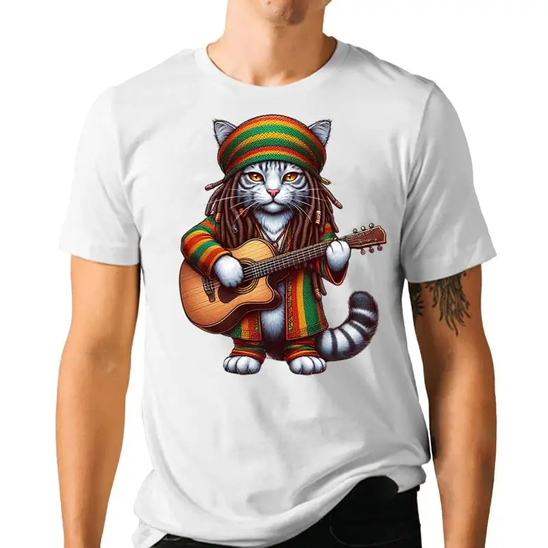 

Футболка с гитарой Rastafarian Cat Playing, новинка с музыкой в стиле регги
