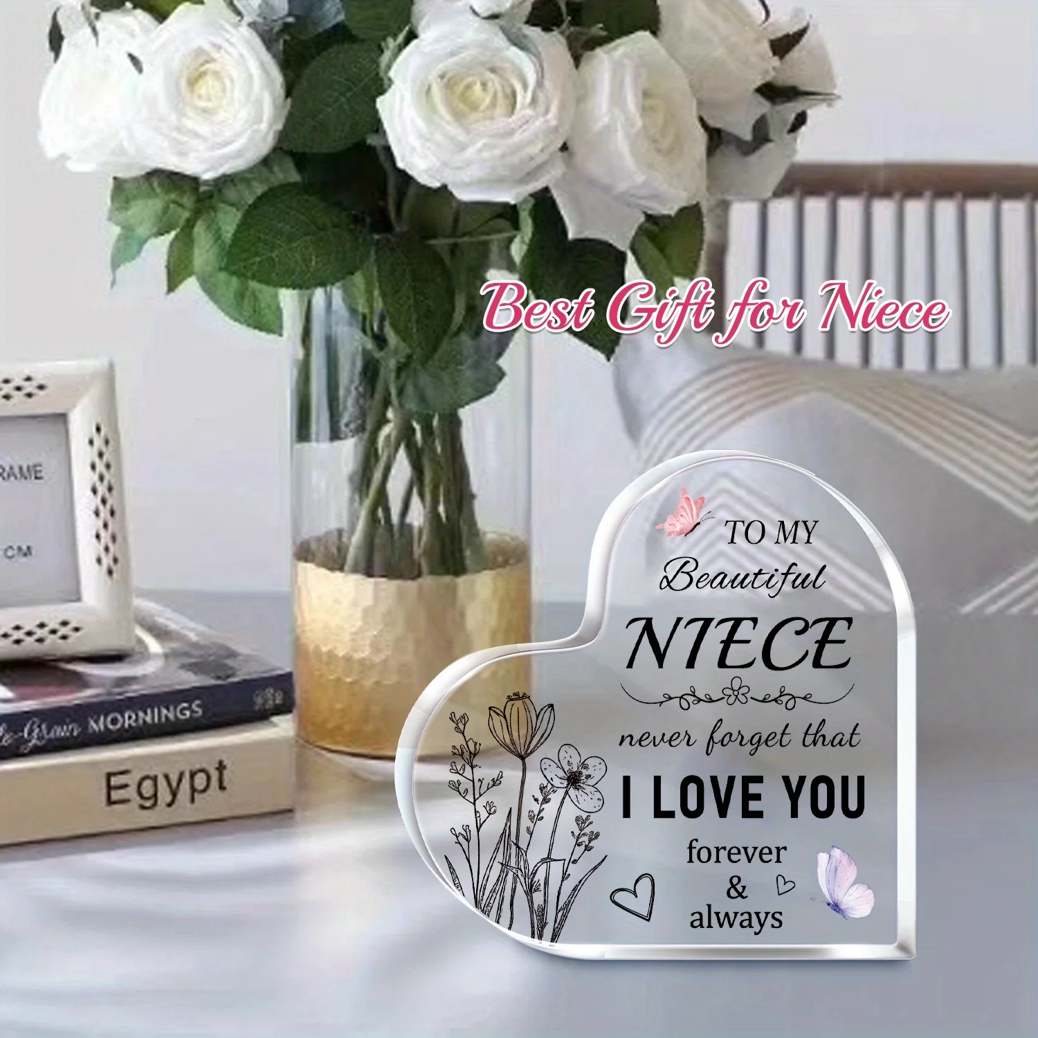 Heart Acrylic Niece Gift Stand, Sketch Wildflower Butterfly I Love You Forever Tabletop Ornament Never Forget That I Love You Clear Heart Acrylic Sign, Sweet Sentimental Present for Niece