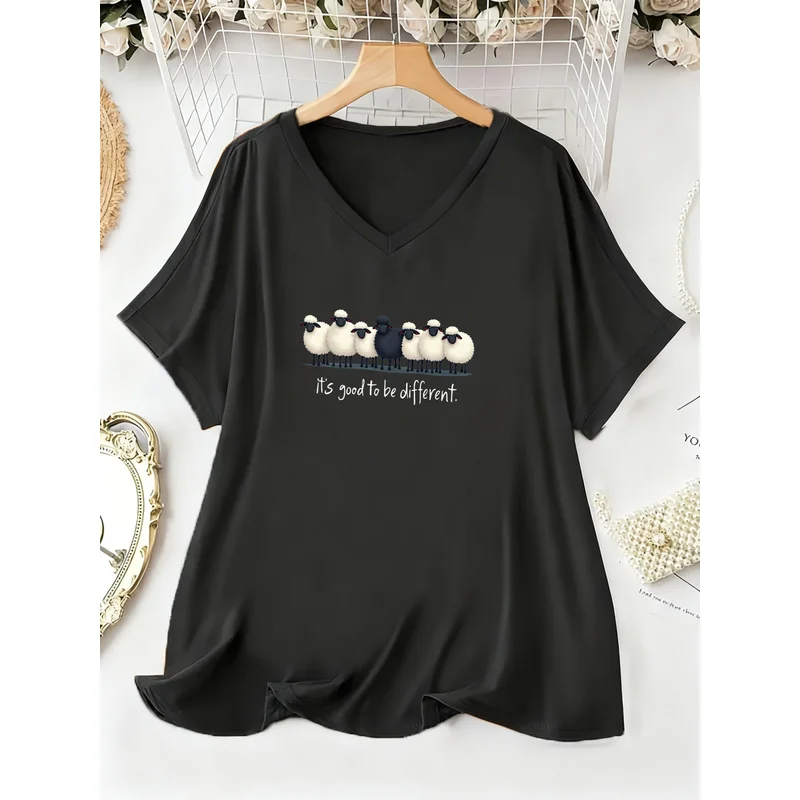 Women Neck Batwing Sleeve Short Sleeve T Shirt with Sheep And Black Sheep Graphic Its Good to Be Different Print for Casual