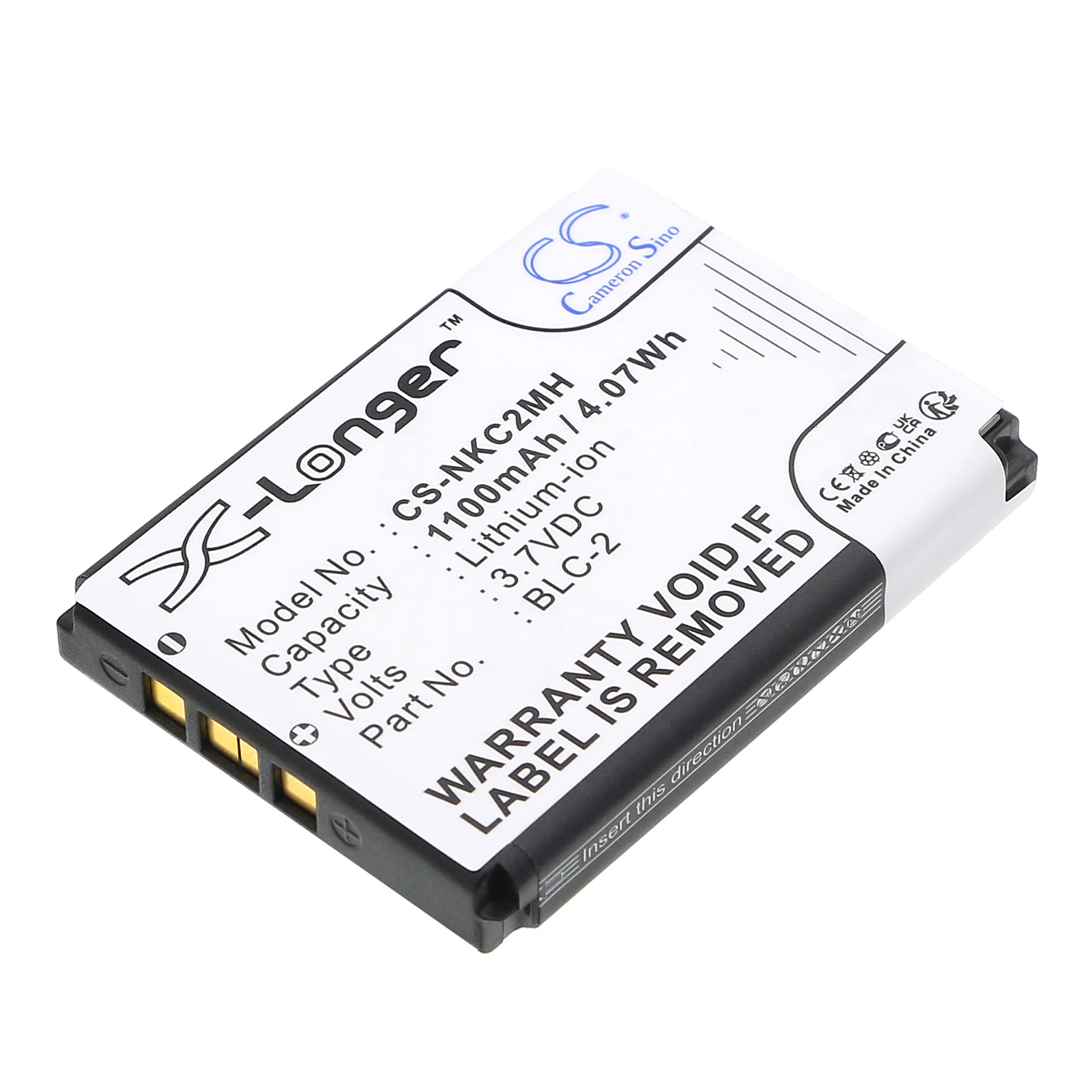CS Replacement Battery for Nokia 1220,1221,1260,1261,2260,3310,3315,3330,3350,3360,3385,3390,3395,3 PN:BLC-2 1100mAh / 4.07Wh