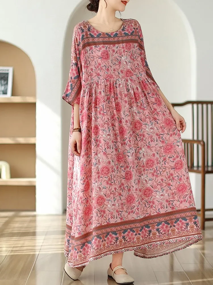Kurzarm, übergroßer Baumwollsatin, Vintage-Blumenmuster, neu in Kleidern für Damen, lässig, locker, langes Sommerkleid, elegante Kleidung 2025,
