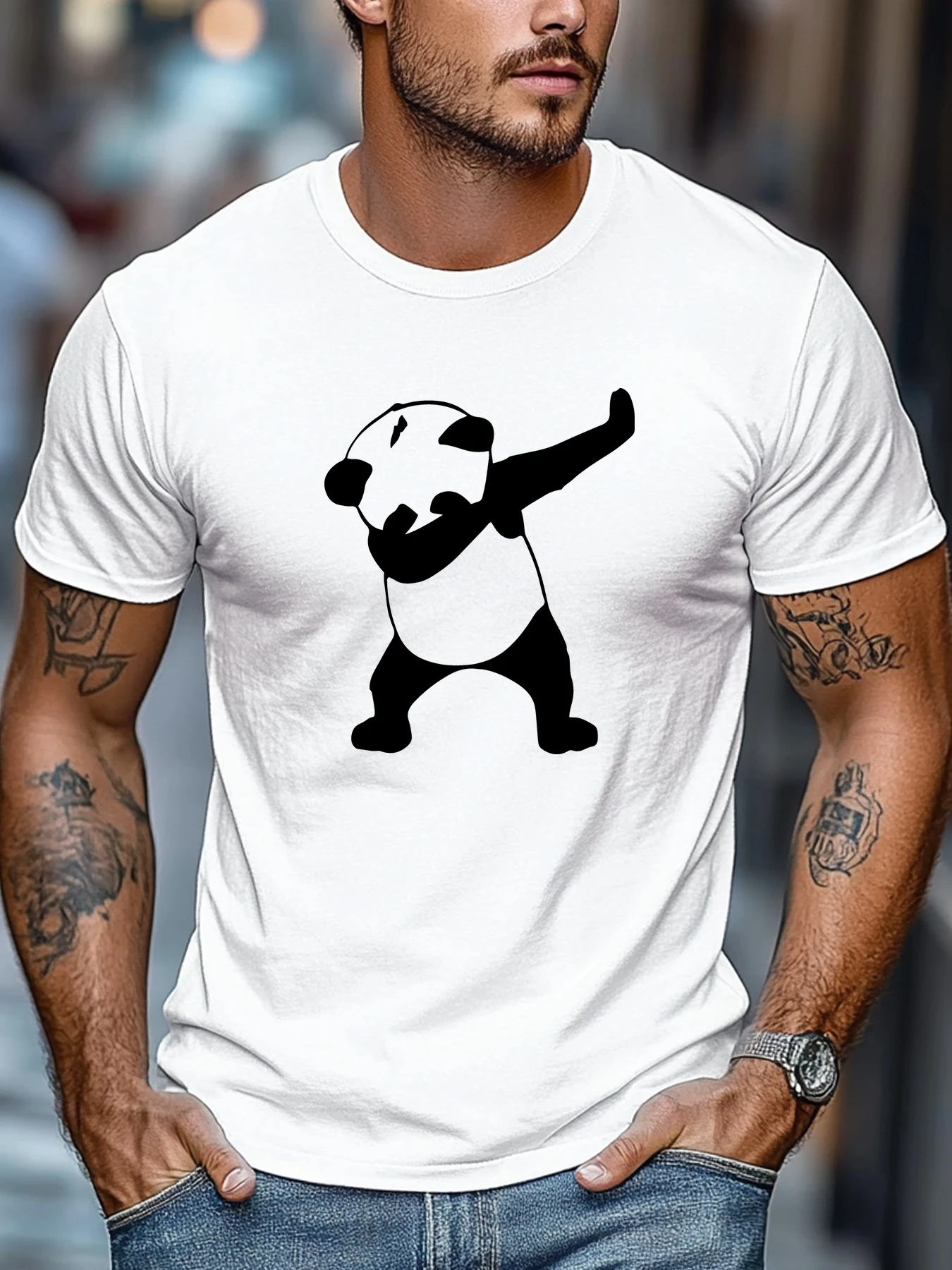Dancing Panda Print Men's T-Shirt, 100% Cotton, Simple Style, Versatile, Trendy, Loose Fit, Summer 2026