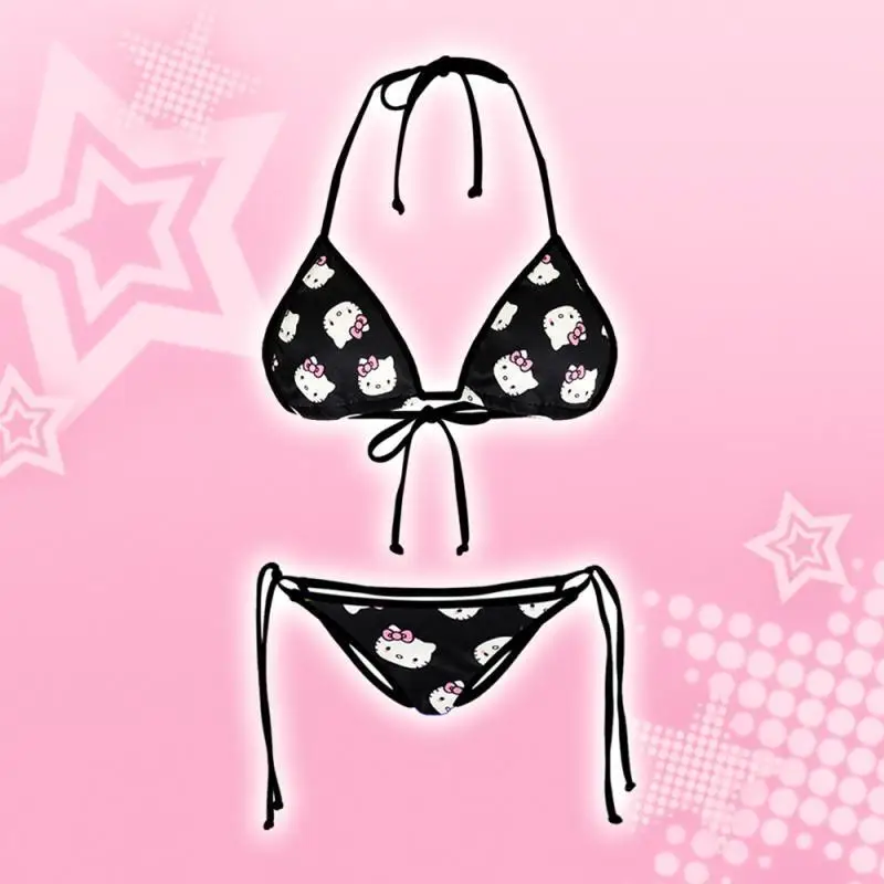 

Miniso Cartoon Hellokitty Y2k Черный комплект бикини на шнуровке Бюстгальтер-стринги Симпатичные купальники из 2 предметов Розовый котенок Сексуальная летняя пляжная одежда