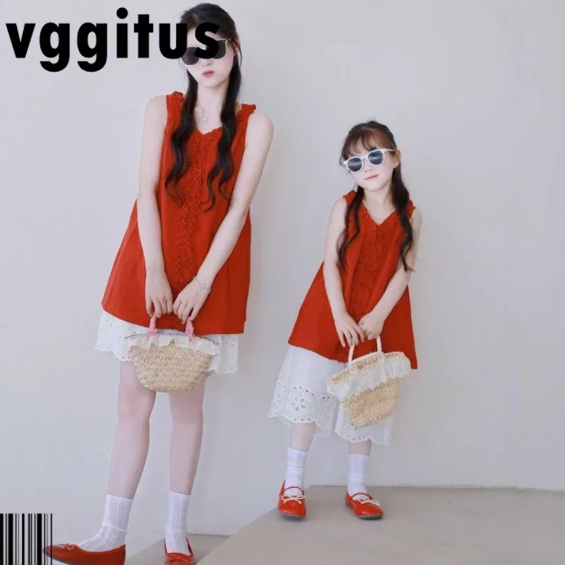 

Parents and Children Matching Outfits Summer Linen Cotton Lace Blouse Dress Wide Leg Loose Shorts for Mom Daughter X5116